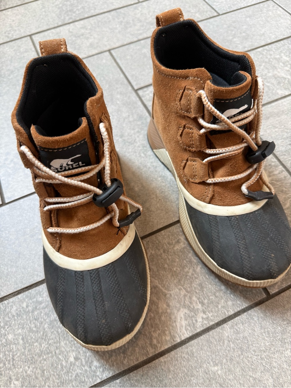 Sorel Kids Tan and Black Suede Duck Boots with Quick Laces